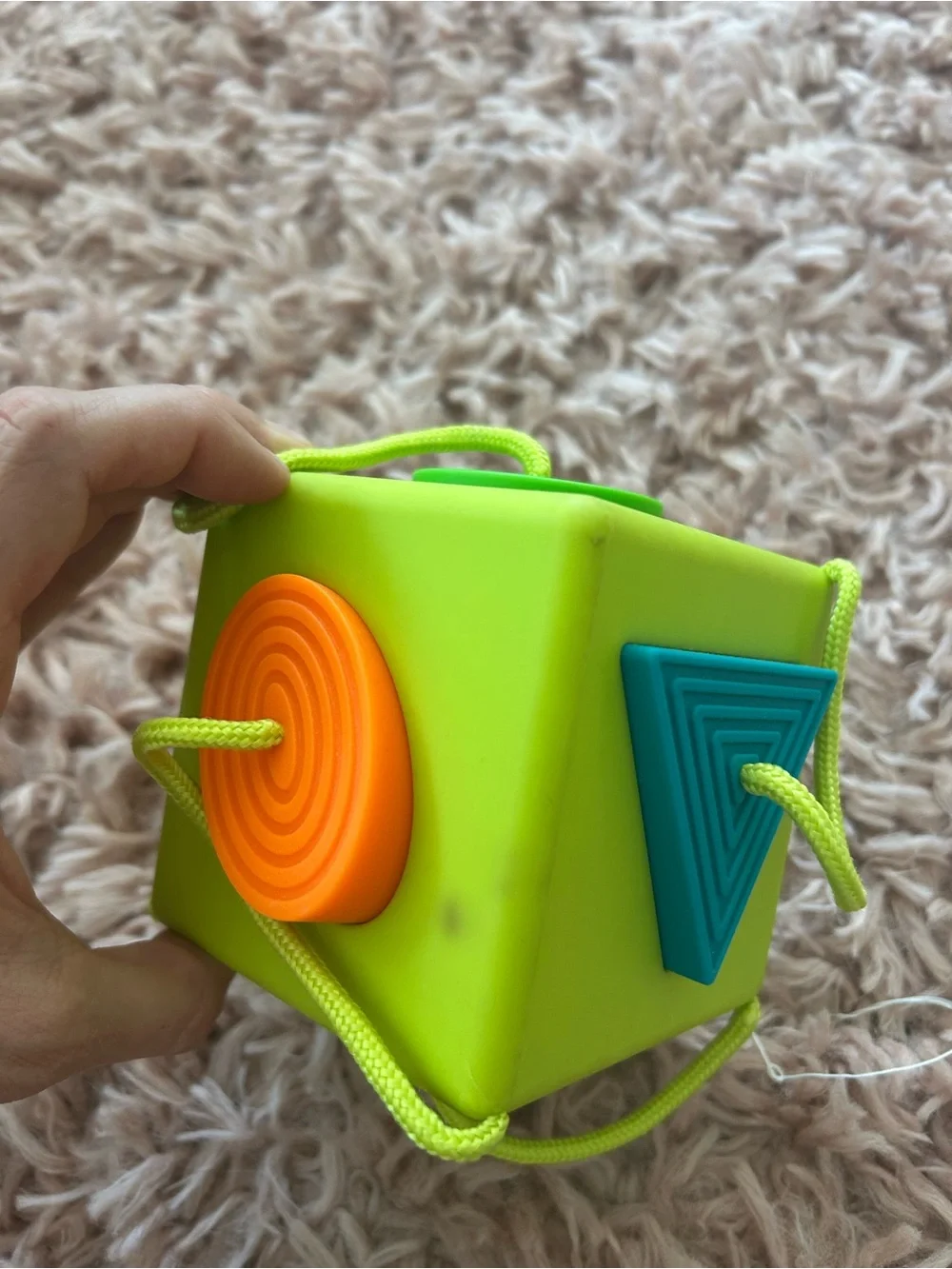 Bright Lime Green Shape Activity Cube with Yellow, Pink & Purple Panels